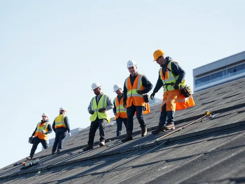 Commercial Roofing Sydney North team working on a large commercial roof