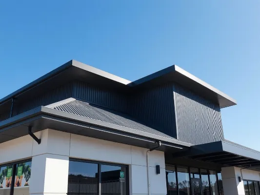 Modern commercial building with a newly installed roof under a clear blue sky in Sydney North
