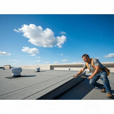 User inspecting a low-slope roof on a commercial building