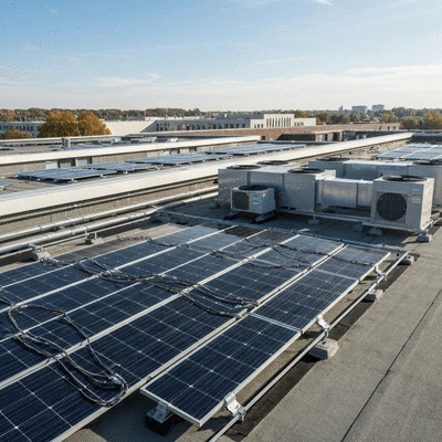 A flat roof with solar panels and HVAC installations